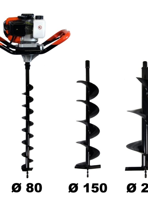 Tarière thermique + lot de 3 mèches 52 cm3, 3 CV (80, 150 et 250 mm)